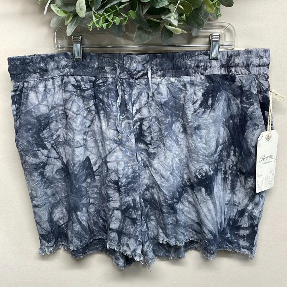 NWT Royalty For Me Linen Blend Lounge Shorts Charcoal Tie Dye Raw Hem 3X